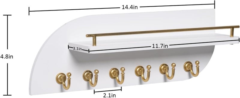 Karisky Key Holder for Wall, Decorative Key and Mail Organizer with 6 Sturdy Metal Hooks and Floating Shelf, 14 Inches Wood Wall Mounted Key Rack for Entryway, White and Gold - Image 5